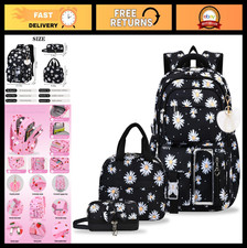 Floral Print Girls Backpack Set with Lunch Box Pencil Case for School, Black-D