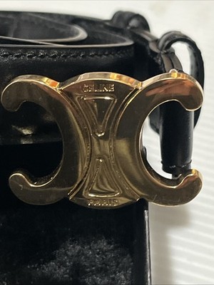 Celine Triomphe Women's Leather Belt Medium Black/Gold Logo Size xs 75 cm