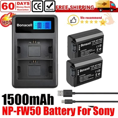 BONACELL 2x NP-FW50 batteria e caricabatterie per Sony Alpha A6000 A6300 A6500 A7r A7 A5000 DHL