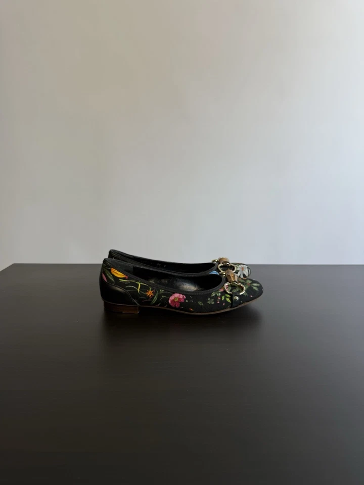Zapatos planos de ballet Gucci Horsebit de bambú para mujer arte floral negros talla 37 C Foto 3 de 4