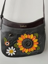 CHALA BROWN & ORANGE YELLOW FLOWERS SWEET MESSENGER CROSSBODY PURSE FAUX LEATHER
