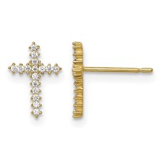 CZ Latin Cross Post Earrings Real 14k Yellow Gold 10.55x7.45mm Religious