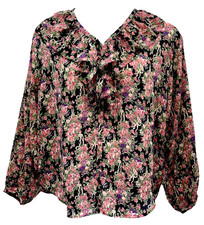VTG IVY Women Size L BOHO Button Up Ruffled V-Neck Floral Chiffon Top Multicolor