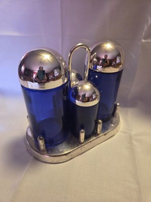 MCM Alessi Italy 5070 Tribute In Cobalt Blue Condiment Set British Made EPSN 