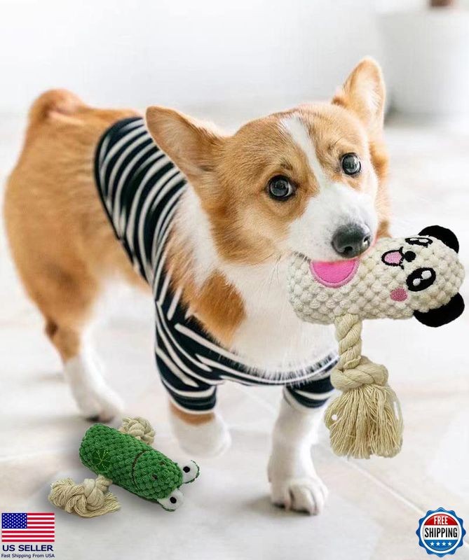 Cute Animal Squeak Dog Toys, No Stuffing Plush, Durable Rope Chew, 6 Pack