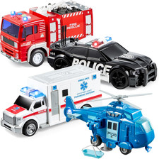 4 Packs Emergency Vehicle Toy Playsets, Friction Powered Vehicles with Light and