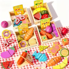 70 PCS Montessori Wooden Play Food Set for Kids Kitchen with Cutting Fruits, Veg