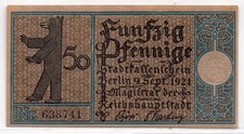 1921 Germany Berlin Notgeld 50 Pfennig Note (3379)