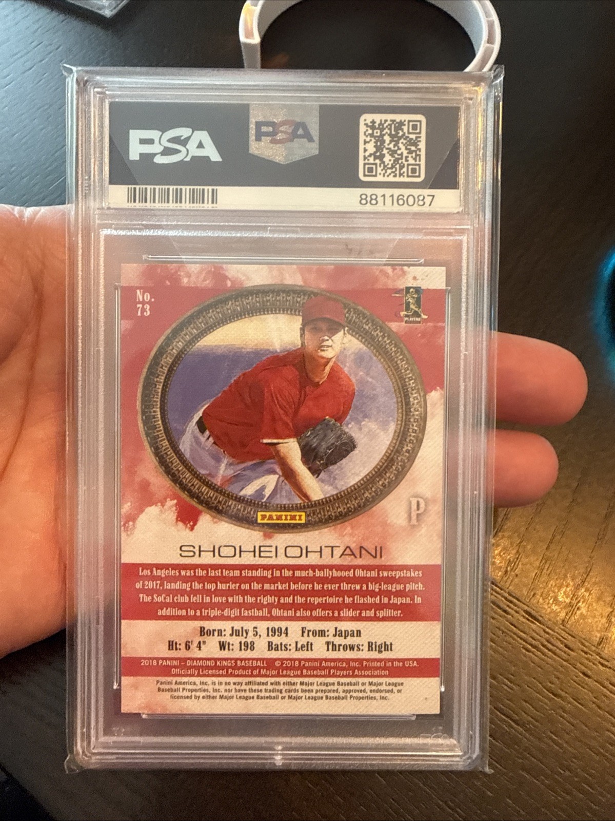 2018 Diamond Kings Shohei Ohtani Pitching No Pinstripe #73 PSA 10 view 4