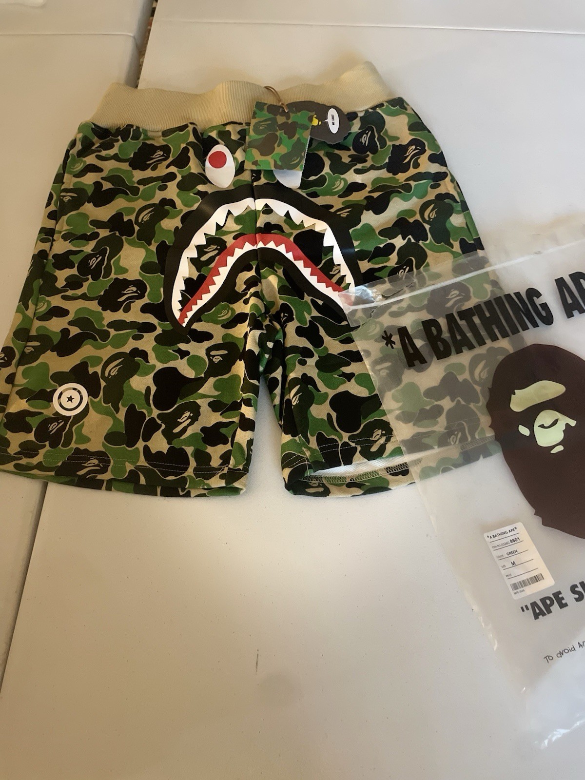 A Bathing Ape Shark Face Camouflage Sweat Shorts Green Streetwear Men's thumbnail 3
