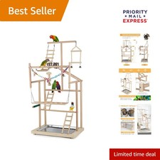 Modern Wooden Bird Playstand with Swing and Feeder Cups - Perfect for All Birds