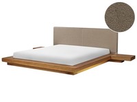 LED Bett Bouclé Taupe Holzoptik Naturfarbene Esche Mit 2 Nachttischen Lattenrost