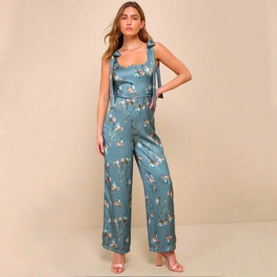 Lulu's Women s Gorgeous Stance Teal Green Floral Wide-Leg Jumpsuit Small NWT