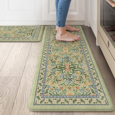 Anti Fatigue Mat for Kitchen Floor, Green Floral Kitchen Mats for Floor Set o...