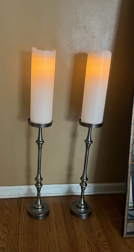 A Set of Brushed Metal Floor Candle Holders 26” Tall & Flameless LED 16” Candles