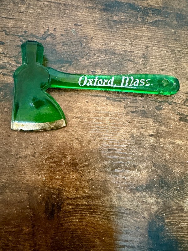 1930’s green glass ax/hatchet 6" souviner oxford mass. Original Period Piece
