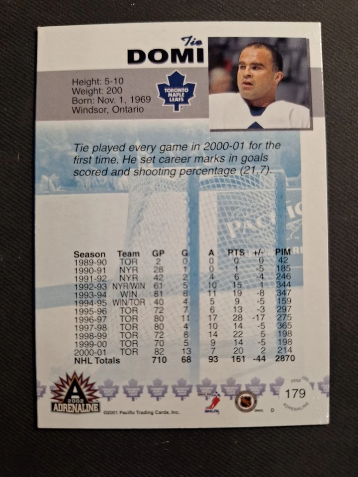 2001-02 Pacific Adrenaline Premier Date /62 - Tie Domi Maple Leafs - Image 2 of 3