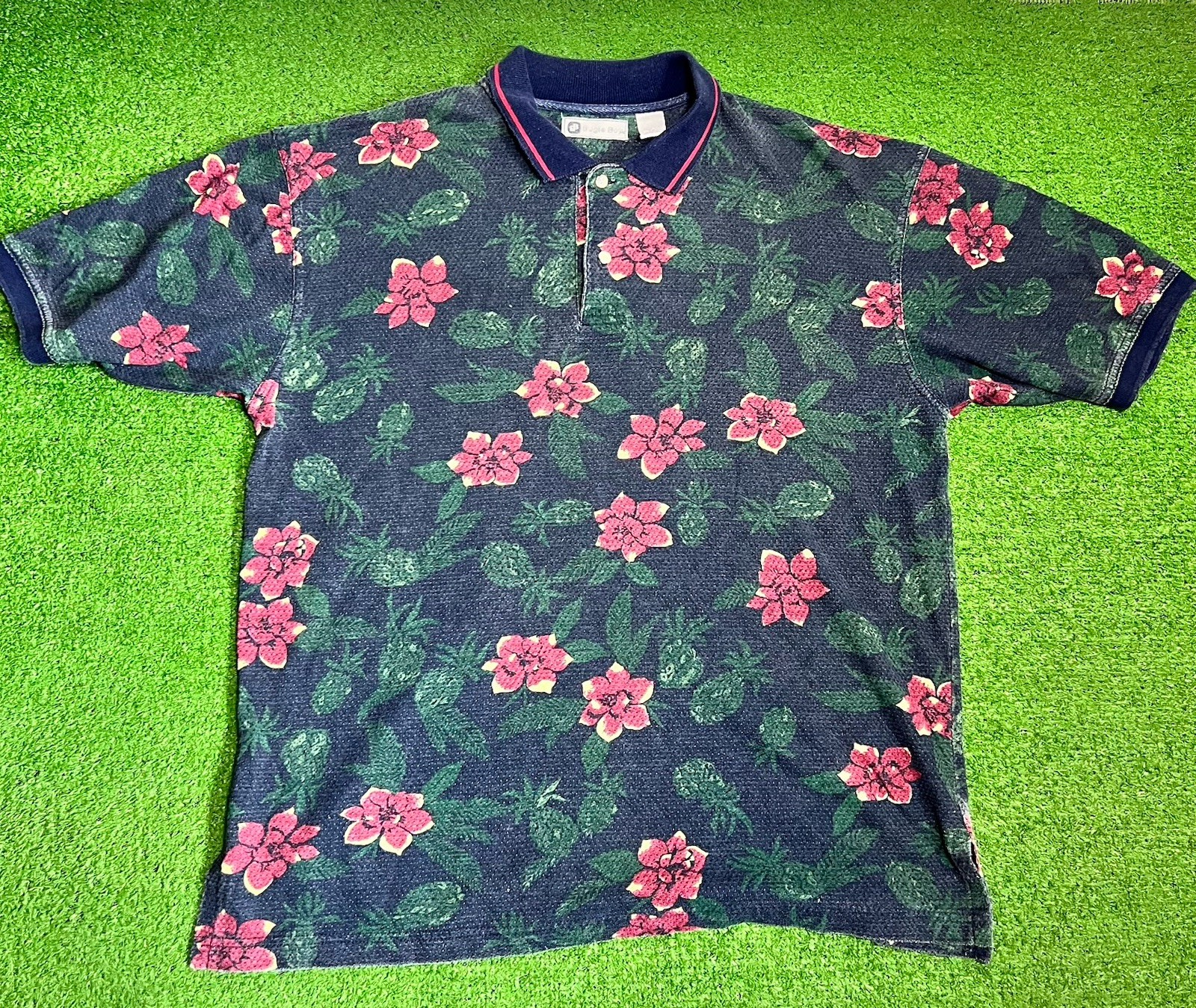 Vintage Bugle Boy Polo Shirt Med. Cropped Pineapple Print Oversize Baggy 80s 90s