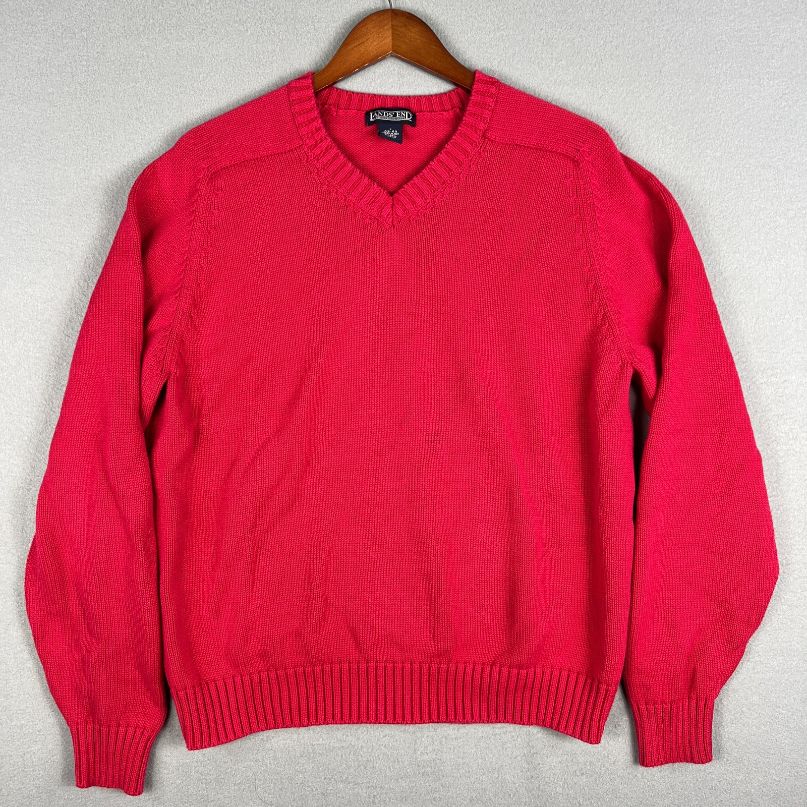 VTG Lands End Knit Cotton Sweater Fits M V Neck Raglan Red 1990s Made in Japan