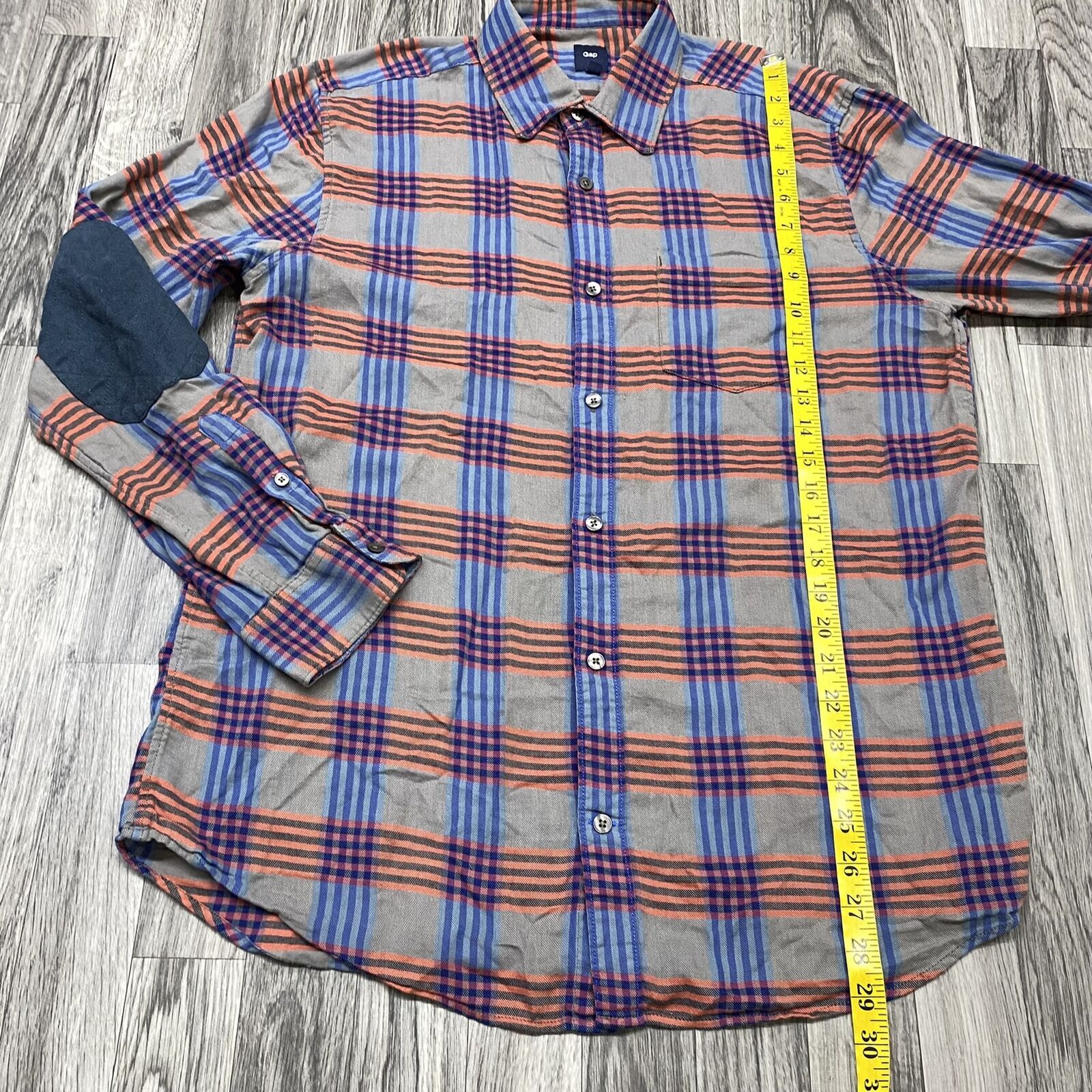 GAP Collared Button Down Patch Sleeve Grey Plaid … - image 5