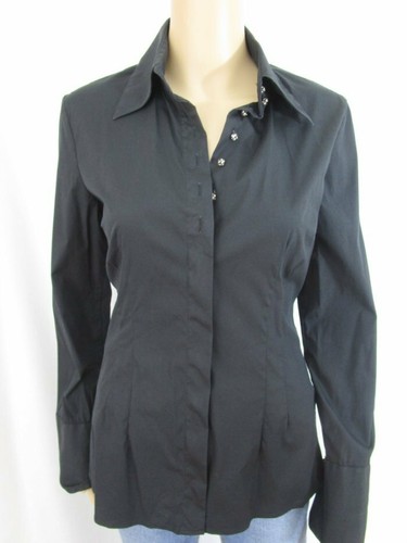 Walter Voulaz Italy Black Cotton-Blend Stretch Crystal Button Blouse 42 - Picture 5 of 11