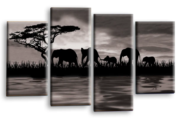 Elephant Wall Art Cream Living Room Sunset Framed Split Canvas Picture Set 4 - Image 2 of 4
