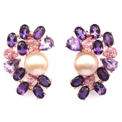 925 Sterlingsilber 10 Mm Weiße Perle, Amethyst & Saphir Ohrringe Weihnachten - Bild 1 von 4
