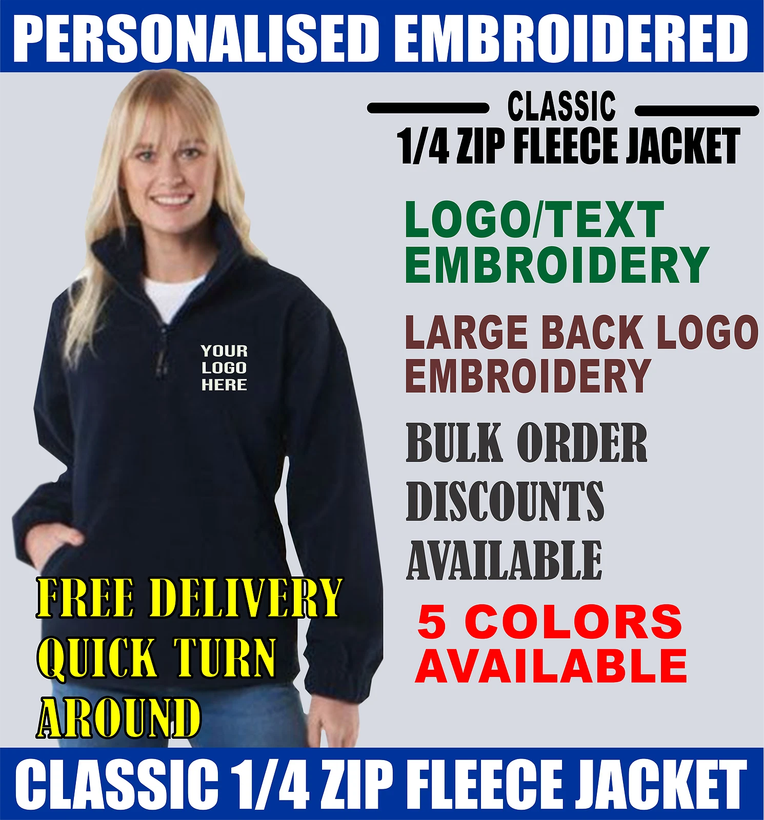 Personalised Embroidered Logo Uneek UC602 Unisex Classic 1/4 Zip Fleece Jacket