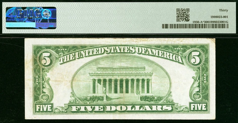 1928 $5 Federal Reserve Note PMG 30 - Gold on Demand - Boston Star Fr 1950-A* - Image 3 of 3