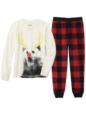 Boys Red Plaid Reindeer Pajamas Christmas Sleep Set T-Shirt  Fleece Pant M 8 