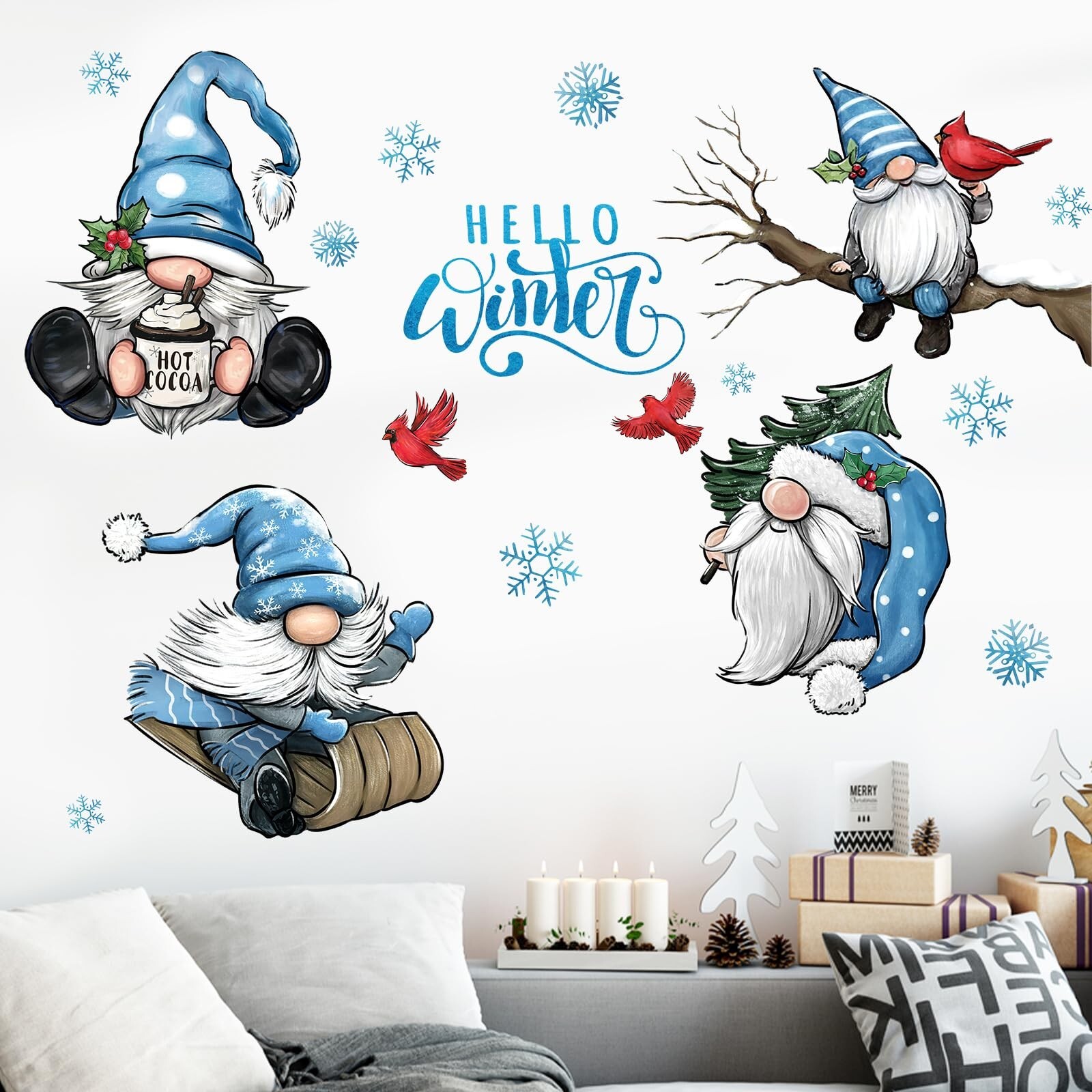 Mfault Hello Winter Gnome Wall Decals Stickers, Christmas Cardinal Red Bird S...