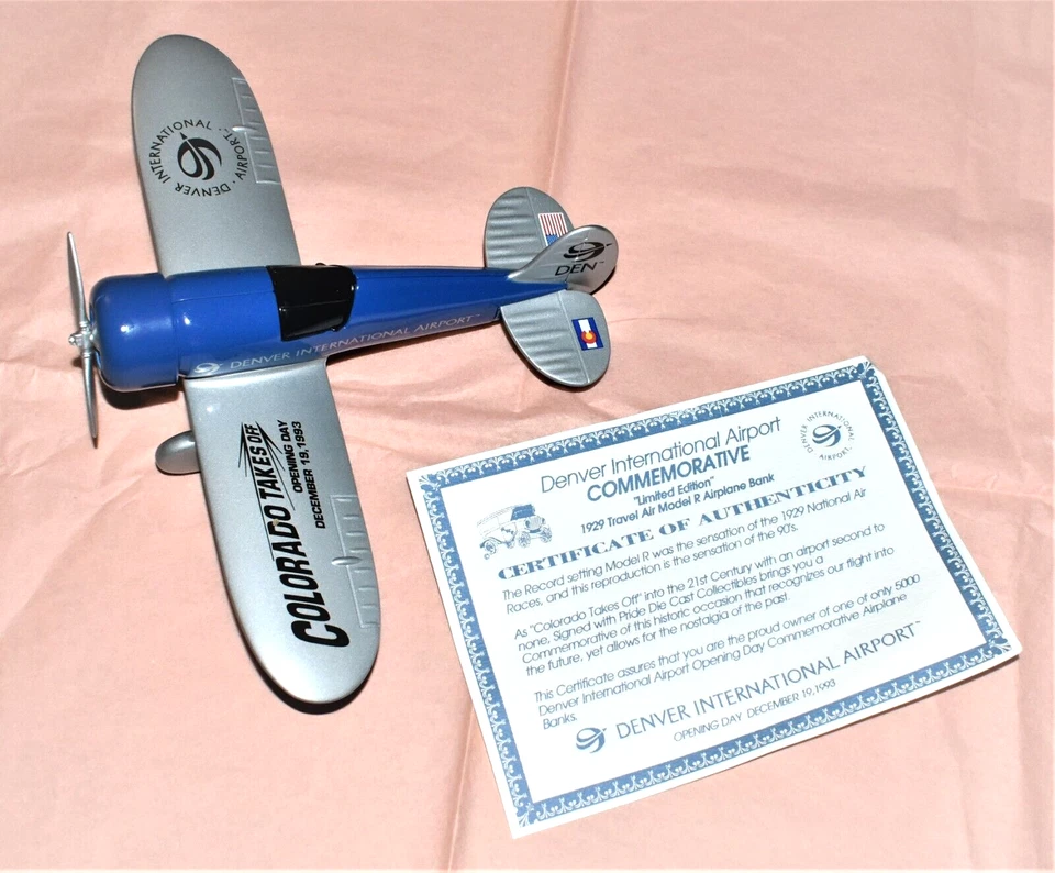 NEW Denver Airport DIA Opening Day Die Cast Airplane Collect Metal Coin Toy Bank - Image 3 of 4