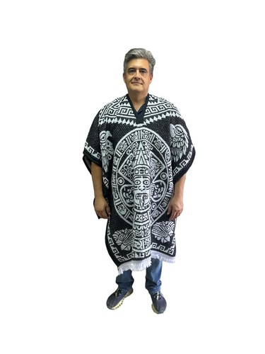 MEXICAN PONCHO , CALENDARIO AZTECA , MEXICO , AZTEC CALENDAR , 1ST QUALITY , B&W - Picture 2 of 2
