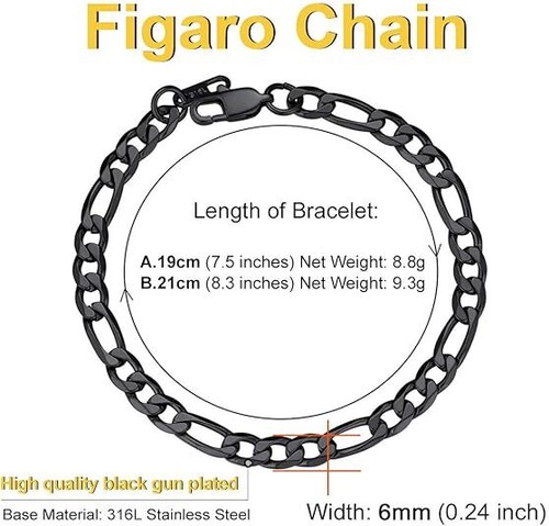 6/9/13mm Men's Stainless Steel Figaro/Cuban Chain Bracelet Plated 18K Gold - Picture 6 of 24