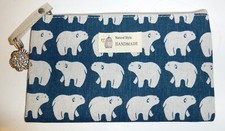 1 Piece Cosmetic Makeup Bag Blue with White Polar Bears Handmade Zipper 9"x5"