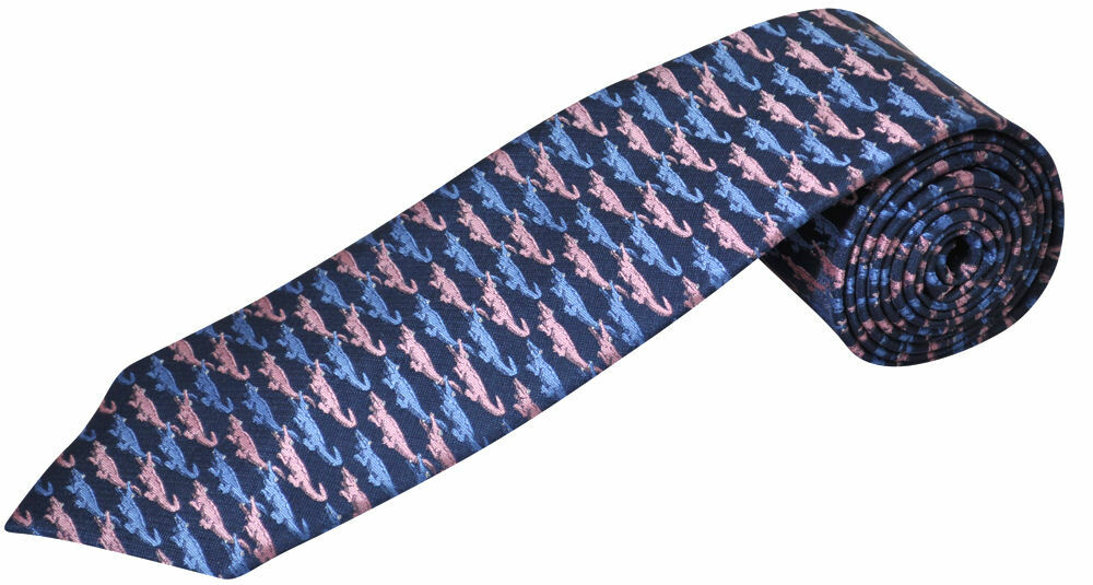 THE TIE STUDIO - Motif Crocodile Pattern Light Pink & Blue on Navy Men's Tie