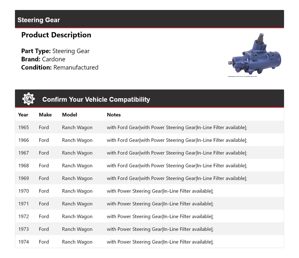 Para Ford Ranch Wagon 1965-1974 engranaje de dirección Cardone 1966 1967 1968 1969 1970 Foto 2 de 4