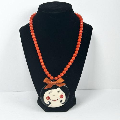Handmade Artisan Orange Art Glass Beaded Necklace Painted Ceramic Face Pendant - Picture 12 of 12