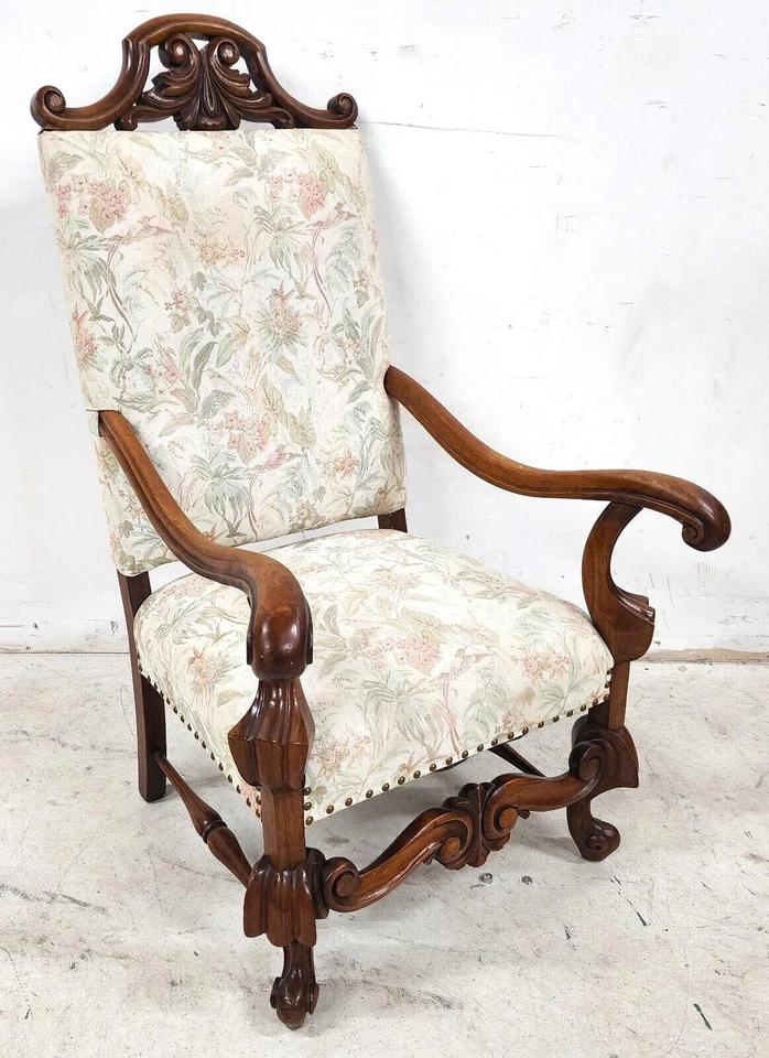 Sillón francés Luis XIII trono de nogal años 1800 Foto 2 de 4