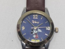 Disney Mickey Mouse Watch Brown Leather Band NEEDS BATTERY Gold Face