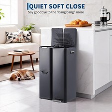 16 Gal Kitchen Trash Can with Lid Triple Compartment Stainless Steel Garbage Can