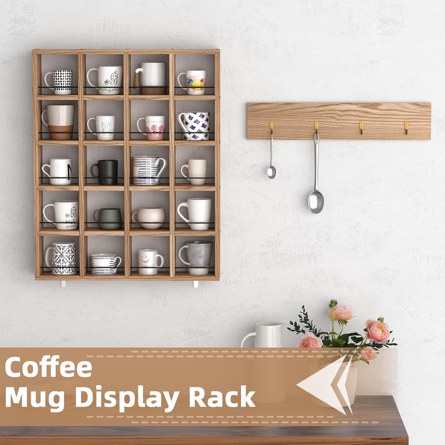 Native Mug Display Rack Wooden Coffee Mug Display Rack Wall Mounted Cup Shelf Hold 24 Mugs ...