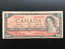 1954 Canada Two Dollar Banknote Currency - Circulated fair condition