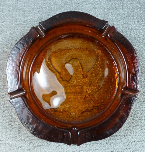 Vintage Extra Large Federal Eagle Amber Glass Ashtray Round Heavy 10x2 Chip