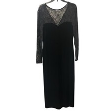 Vintage 90s Robbie Bee Black Velvet Maxi Dress Sheer Lace Gothic Glam Sz 10