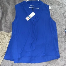 Calvin Klein Sleeveless Blouse Size Xl Bow Tie Front And Buttons V-Neck Blue