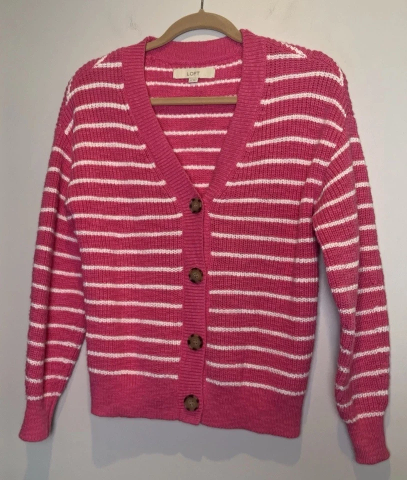 LOFT в полоску кнопка спереди кардиган свитер розовый и белый размер XS - Изображение 2 из 4