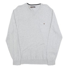 BEN SHERMAN Mens Grey Plain Cotton Jumper Crew Neck Basic Knit L Casual