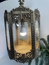 Large Vintage Gothic Style Ornate Brass Tone & Glass Lantern Pendant Chandelier