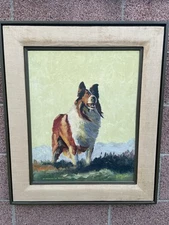 Vtg Oil On Canvas Painting Portrait Collie Dog Decor 20 x 16 Landscape Signed